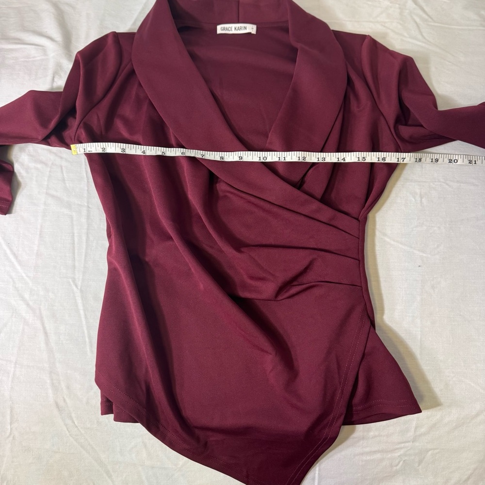 Grace Karin Burgundy Wrap Style Top Size M 3/4 Sleeve‎ Asymmetrical Hem - Picture 7 of 10